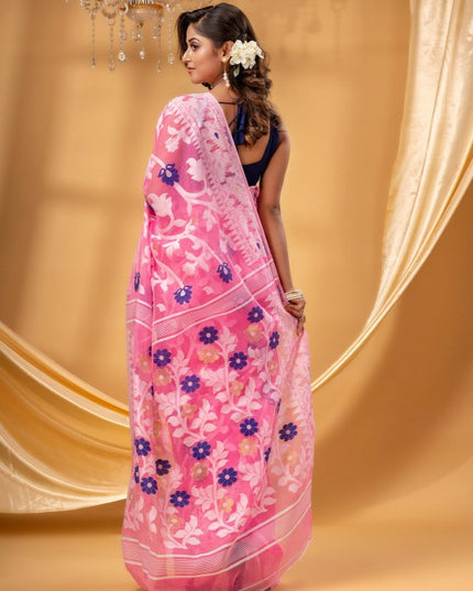 DESH BIDESH Floral Woven Design Zari Pure Cotton Jamdani Saree