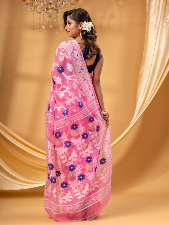 DESH BIDESH Floral Woven Design Zari Pure Cotton Jamdani Saree