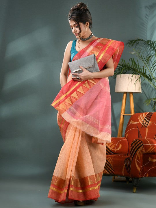 DESH BIDESH Striped Zari Pure Cotton Taant Saree