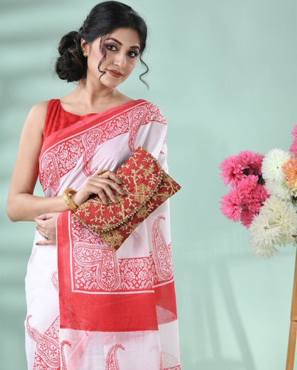 DESH BIDESH Elegant Paisley Printed Pure Cotton Saree with Solid Border