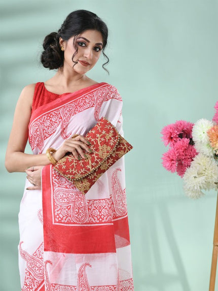 DESH BIDESH Elegant Paisley Printed Pure Cotton Saree with Solid Border