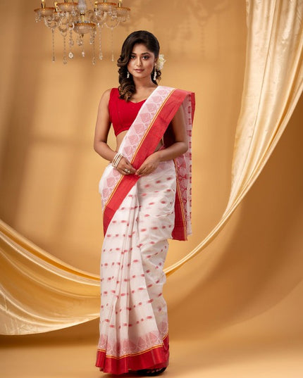 Exquisite White & Red Woven Zari Pure Cotton Taant Saree with Blouse Piece