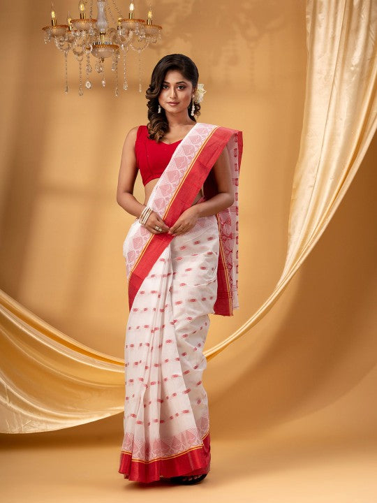 Exquisite White & Red Woven Zari Pure Cotton Taant Saree with Blouse Piece