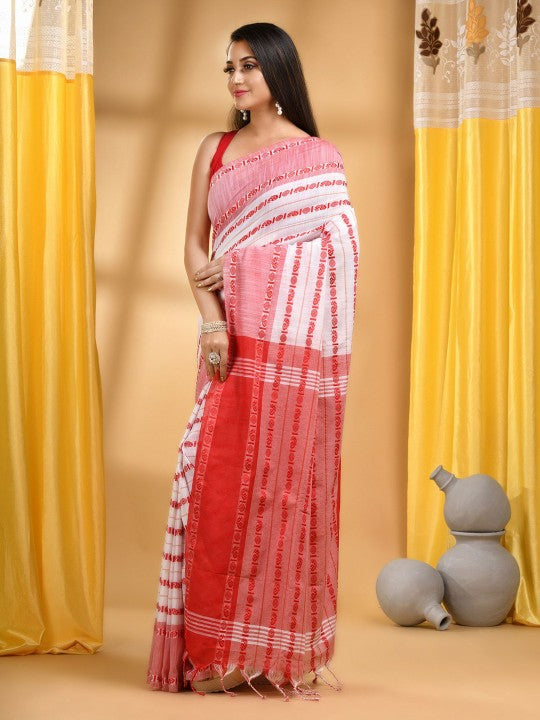 DESH BIDESH Woven Design Pure Cotton Taant Saree With Unstitched Blouse Piece
