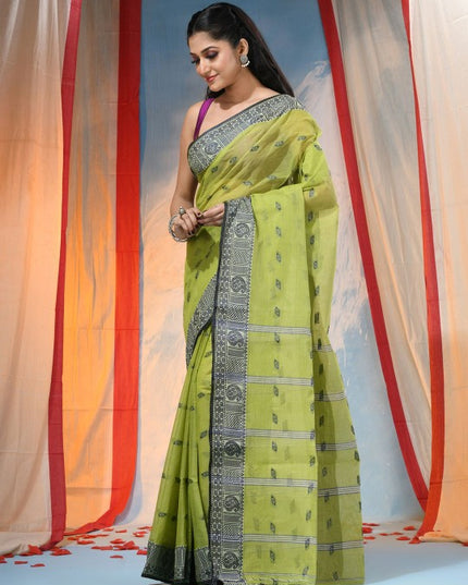 DESH BIDESH Women's Green Floral Pure Cotton Handloom Saree with Woven Design