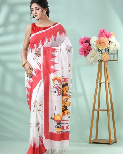 DESH BIDESH Pure Cotton Handloom Saree: Exquisite Handcrafted White and Red Cotton Saree