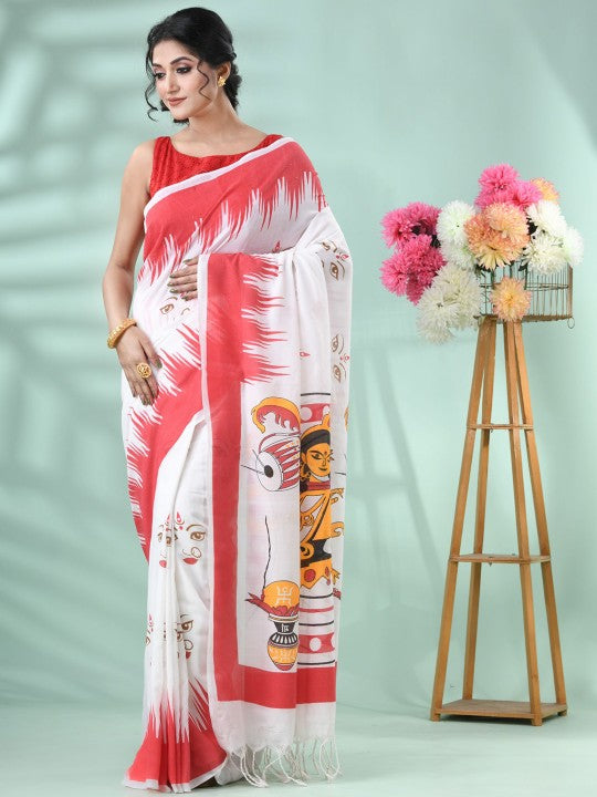 DESH BIDESH Pure Cotton Handloom Saree: Exquisite Handcrafted White and Red Cotton Saree