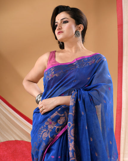 Women cotton silk tant handloom saree mysore party, wear sarees latest, design wedding, banarasi design georgette saree soft silk cotton MidNight Zari sarees for women (Blue)