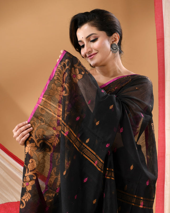 Women cotton silk tant handloom saree mysore party, wear sarees latest, design wedding, banarasi design georgette saree soft silk cotton MidNight Zari sarees for women (Black)