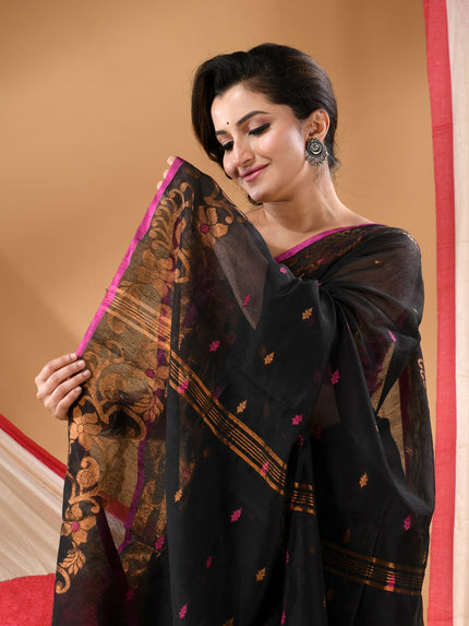 Women cotton silk tant handloom saree mysore party, wear sarees latest, design wedding, banarasi design georgette saree soft silk cotton MidNight Zari sarees for women (Black)