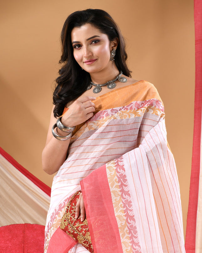 Women Tant cotton saree for woman party, wear sarees cotton georgette handloom wedding new chiffon collection sarees for women latest, Chitralekha design (Red Orange)