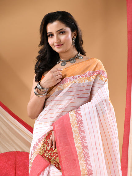 Women Tant cotton saree for woman party, wear sarees cotton georgette handloom wedding new chiffon collection sarees for women latest, Chitralekha design (Red Orange)