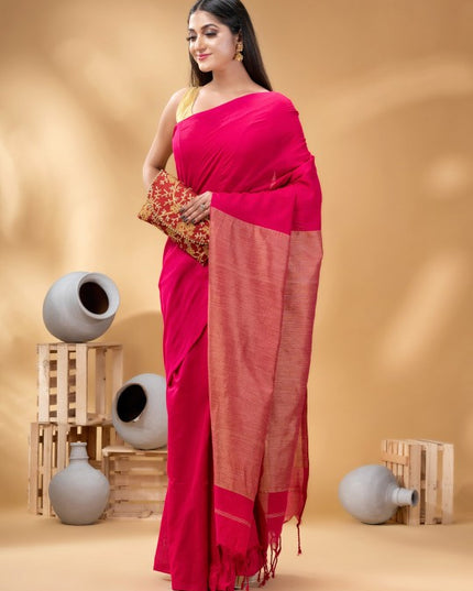 Exquisite Pink & Gold-Toned Pure Cotton Handloom Khadi Saree with Zari Weave