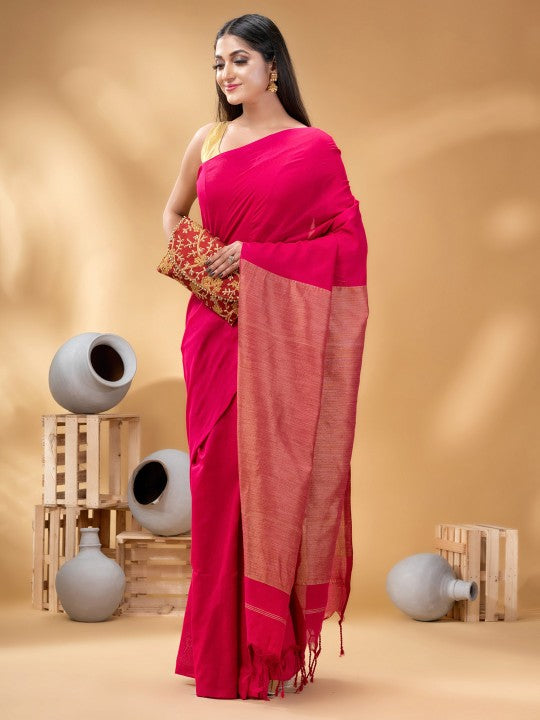 Exquisite Pink & Gold-Toned Pure Cotton Handloom Khadi Saree with Zari Weave