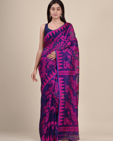DESH BIDESH Purple & Pink Paisley Pure Cotton Jamdani Saree