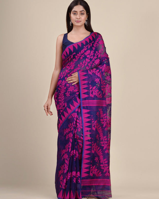 DESH BIDESH Purple & Pink Paisley Pure Cotton Jamdani Saree