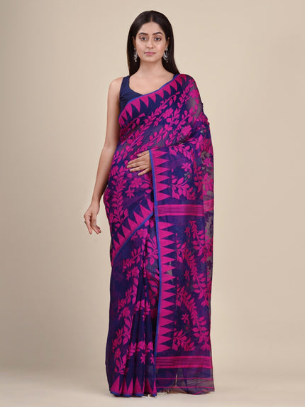 DESH BIDESH Purple & Pink Paisley Pure Cotton Jamdani Saree