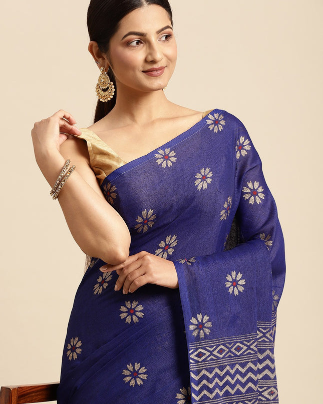 DESH BIDESH Navy Blue & Golden Floral Design Pure Cotton Taant Saree