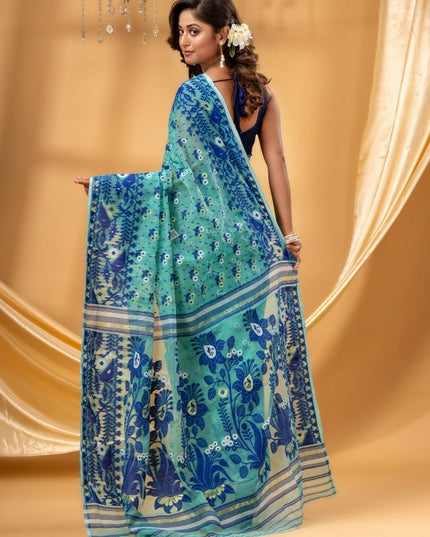 DESH BIDESH Turquoise Blue White Floral Woven Pure Cotton Jamdani Saree