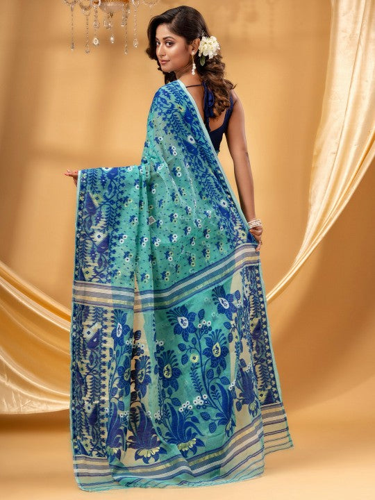 DESH BIDESH Turquoise Blue White Floral Woven Pure Cotton Jamdani Saree