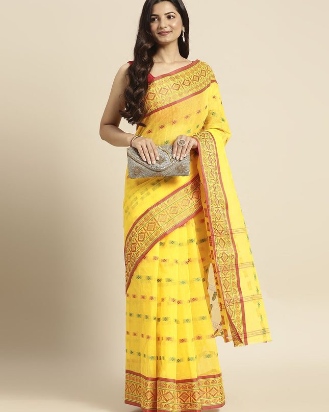 DESH BIDESH Yellow & Pink Ethnic Motifs Pure Cotton Taant Saree