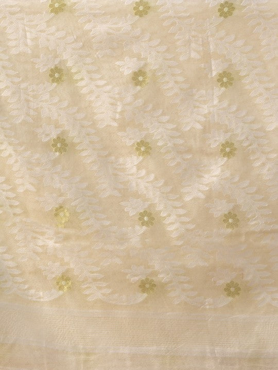 DESH BIDESH Elegant Off-White Gold-Toned Zari Woven Design Pure Cotton Jamdani Saree