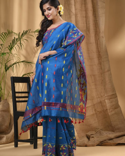 Exquisite Blue-Green Woven Design Silk Cotton Taant Saree for Women