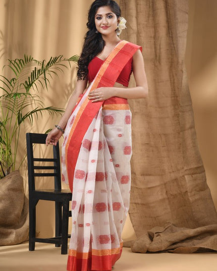 DESH BIDESH Ethnic Motifs Woven Design Zari Pure Cotton Taant Saree