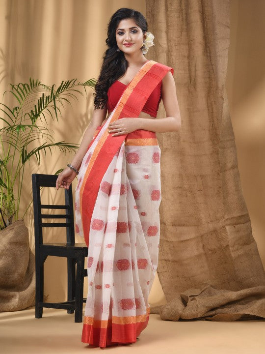 DESH BIDESH Ethnic Motifs Woven Design Zari Pure Cotton Taant Saree