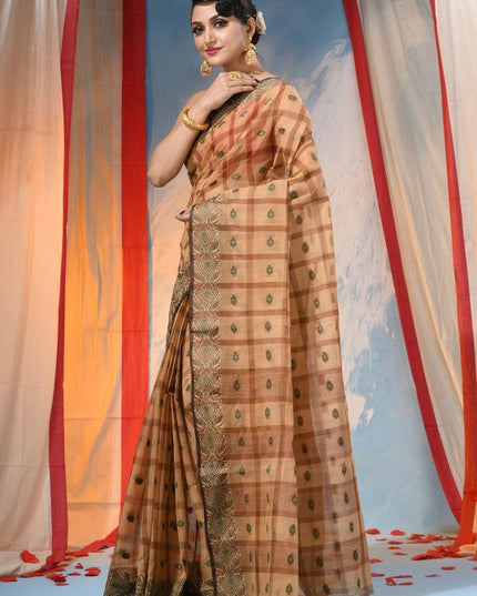 Exquisite Orange Pure Cotton Taant Saree with Ethnic Woven Design Border
