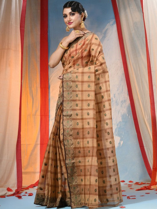 Exquisite Orange Pure Cotton Taant Saree with Ethnic Woven Design Border