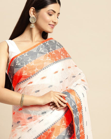 DESH BIDESH White Pure Cotton Taant Saree with Ethnic Motifs and Woven Design Border