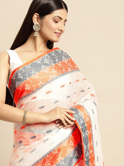 DESH BIDESH White Pure Cotton Taant Saree with Ethnic Motifs and Woven Design Border