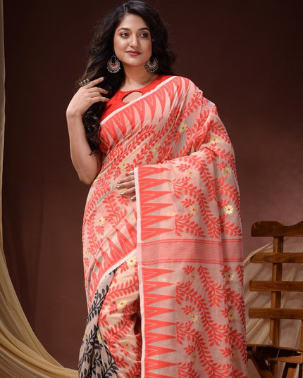 Elegant DESH BIDESH Floral Woven Pure Cotton Jamdani Saree; Traditional Indian Attire
