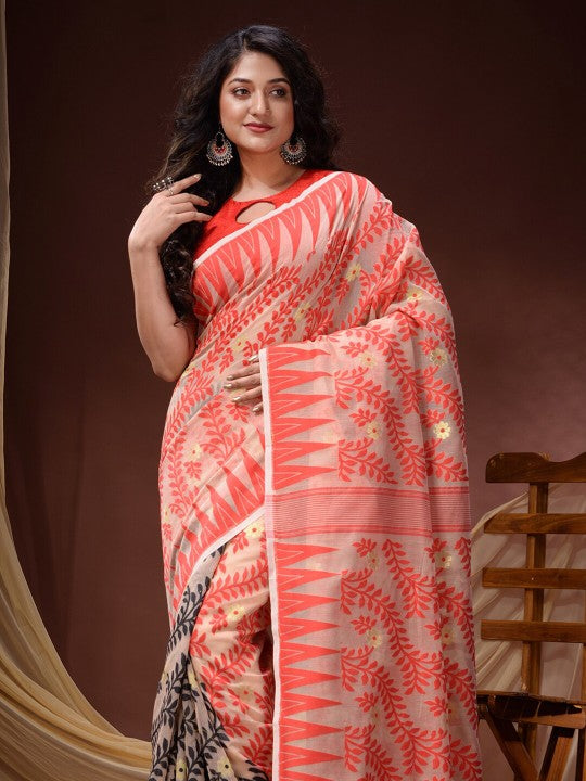 Elegant DESH BIDESH Floral Woven Pure Cotton Jamdani Saree; Traditional Indian Attire