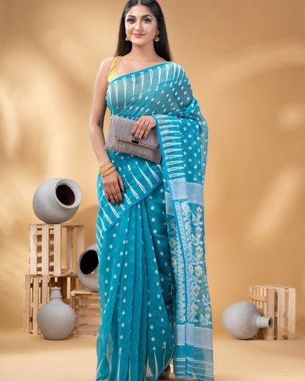 Exquisite Blue & White Pure Cotton Jamdani Saree with Woven Ethnic Motifs
