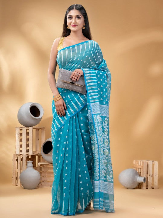Exquisite Blue & White Pure Cotton Jamdani Saree with Woven Ethnic Motifs