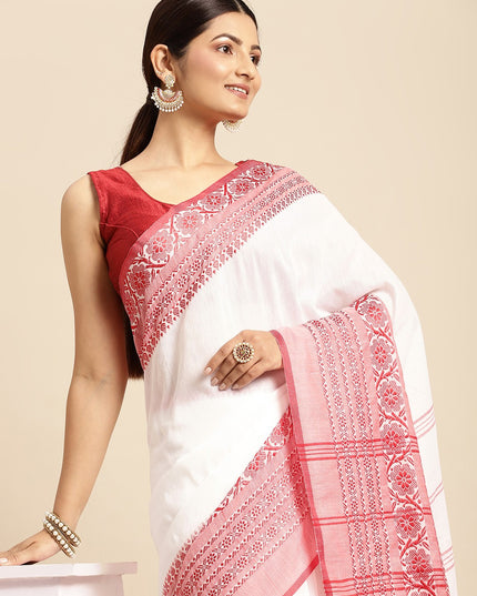DESH BIDESH White & Red Solid Pure Cotton Taant Saree