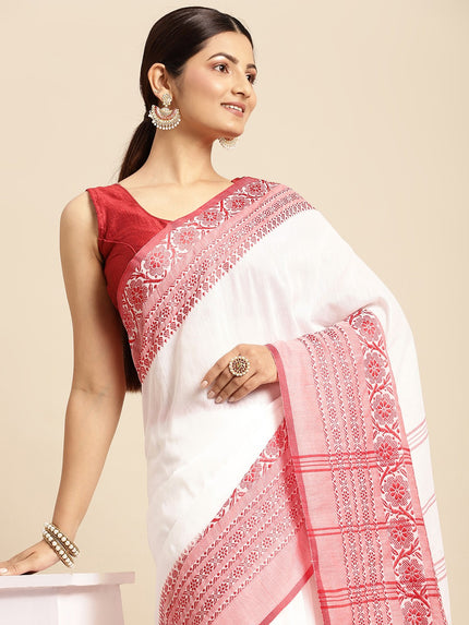 DESH BIDESH White & Red Solid Pure Cotton Taant Saree