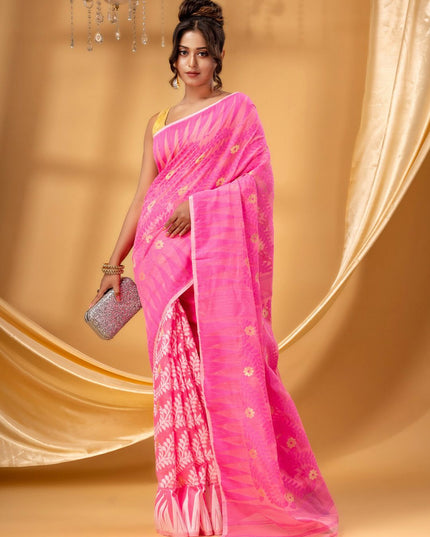 Exquisite Pink Gold-Toned Pure Cotton Jamdani Saree with Ethnic Woven Motifs