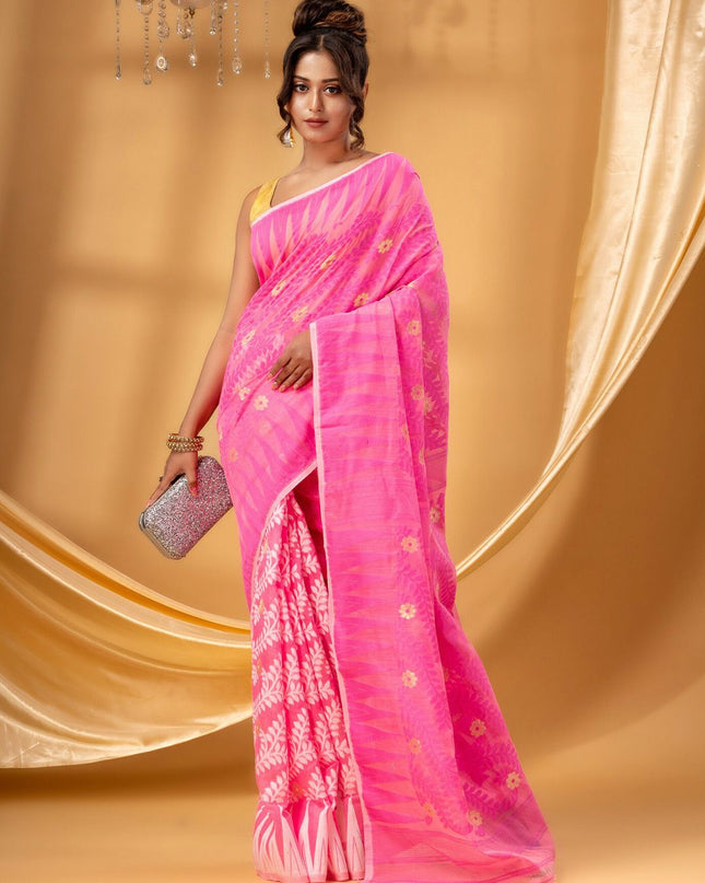 Exquisite Pink Gold-Toned Pure Cotton Jamdani Saree with Ethnic Woven Motifs