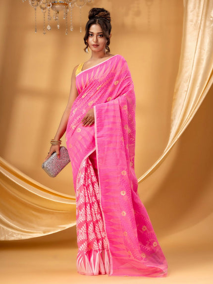 Exquisite Pink Gold-Toned Pure Cotton Jamdani Saree with Ethnic Woven Motifs