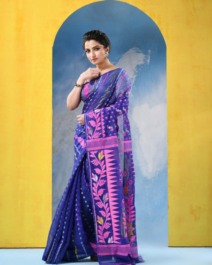 Exquisite Jamdani Cotton Blend Saree: Blue & Pink Woven Design with Solid Border
