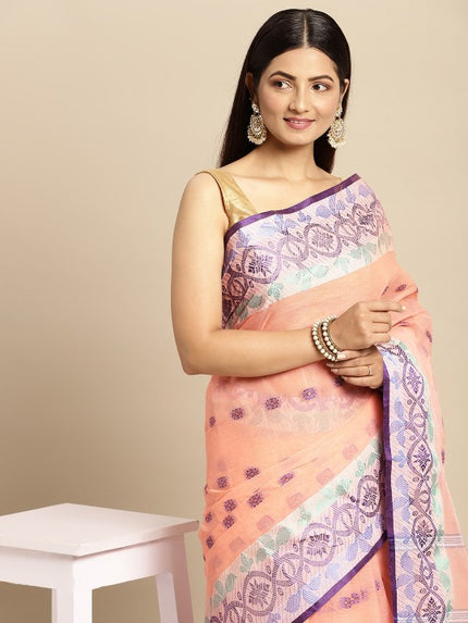 DESH BIDESH Peach Coloured & Grey Ethnic Motifs Pure Cotton Taant Saree