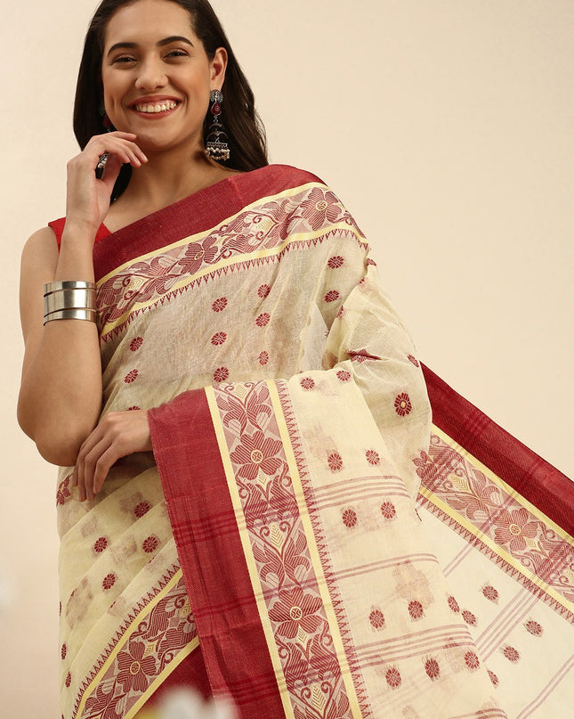 DESH BIDESH Phulkoli Woven Design Pure Cotton Bengal Taant Saree