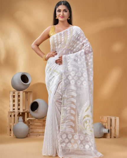 Exquisite White & Gold Pure Cotton Jamdani Saree with Woven Zari Border