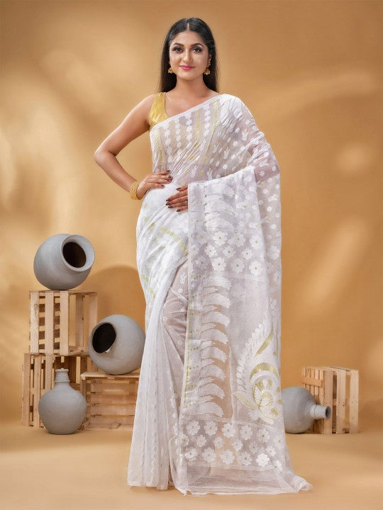 Exquisite White & Gold Pure Cotton Jamdani Saree with Woven Zari Border