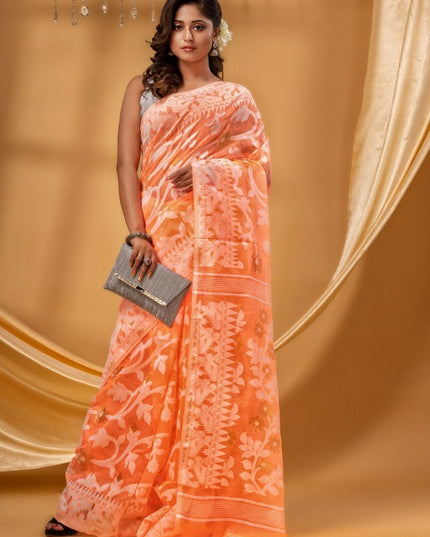 DESH BIDESH Orange White Pure Cotton Jamdani Saree with Woven Floral Design