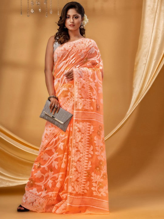 DESH BIDESH Orange White Pure Cotton Jamdani Saree with Woven Floral Design