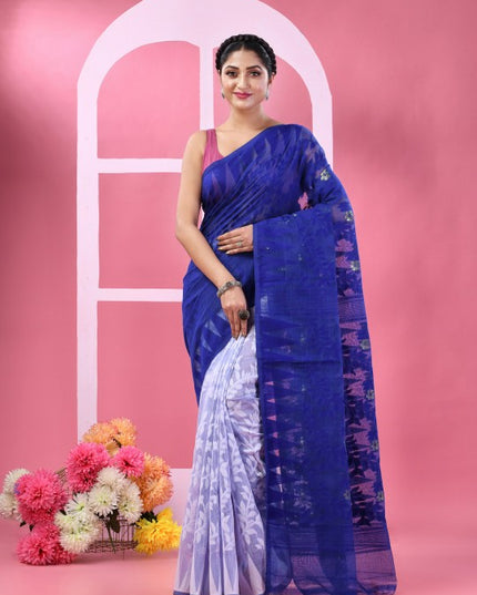 DESH BIDESH Floral Woven Design Pure Cotton Half And Half Jamdani Saree